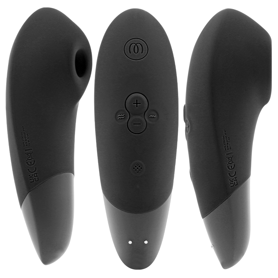 Trois vues du stimulateur clitoridien Womanizer Enhance noir : embout d'aspiration, dos avec boutons +/- et profil galbé en silicone mat, vue d'ensemble du produit.