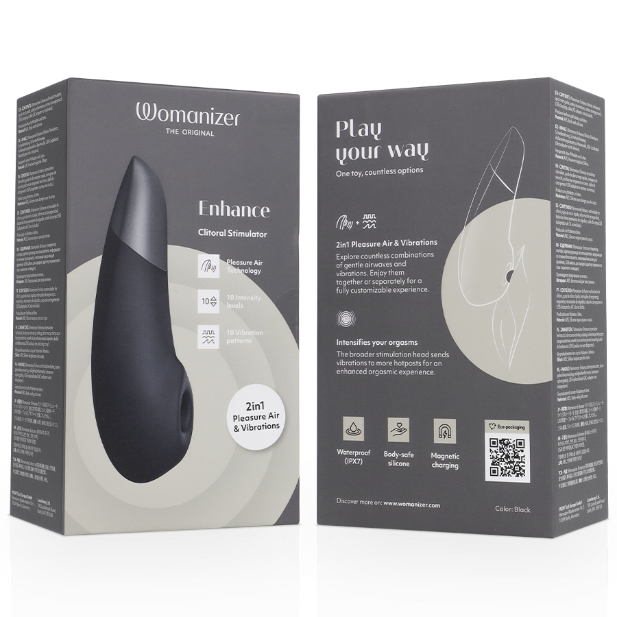 Boîte Womanizer 'Enhance' gris-beige ouverte 'Play your way' : illustration du stimulateur noir, schéma d'usage stylisé et pictogrammes de fonctions, sans anatomie.