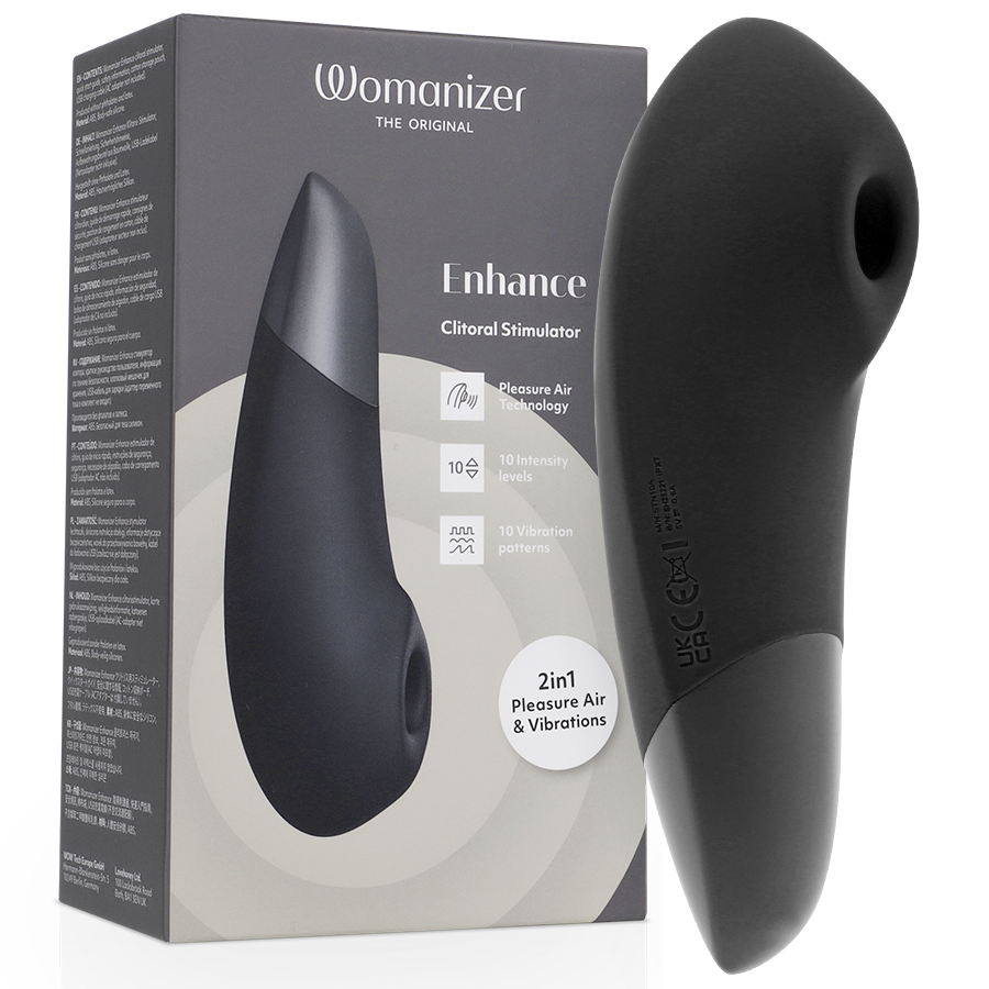 Boîte Womanizer 'Enhance' gris foncé à gauche et stimulateur clitoridien noir à droite : embout de succion et corps ergonomique galbé en silicone, sans anatomie.