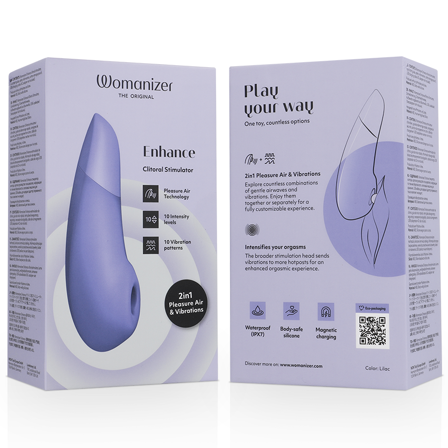 Boîte Womanizer 'Enhance' lilas ouverte 'Play your way' : illustration du stimulateur, schéma stylisé d'usage, pictogrammes étanche et charge magnétique, sans anatomie.