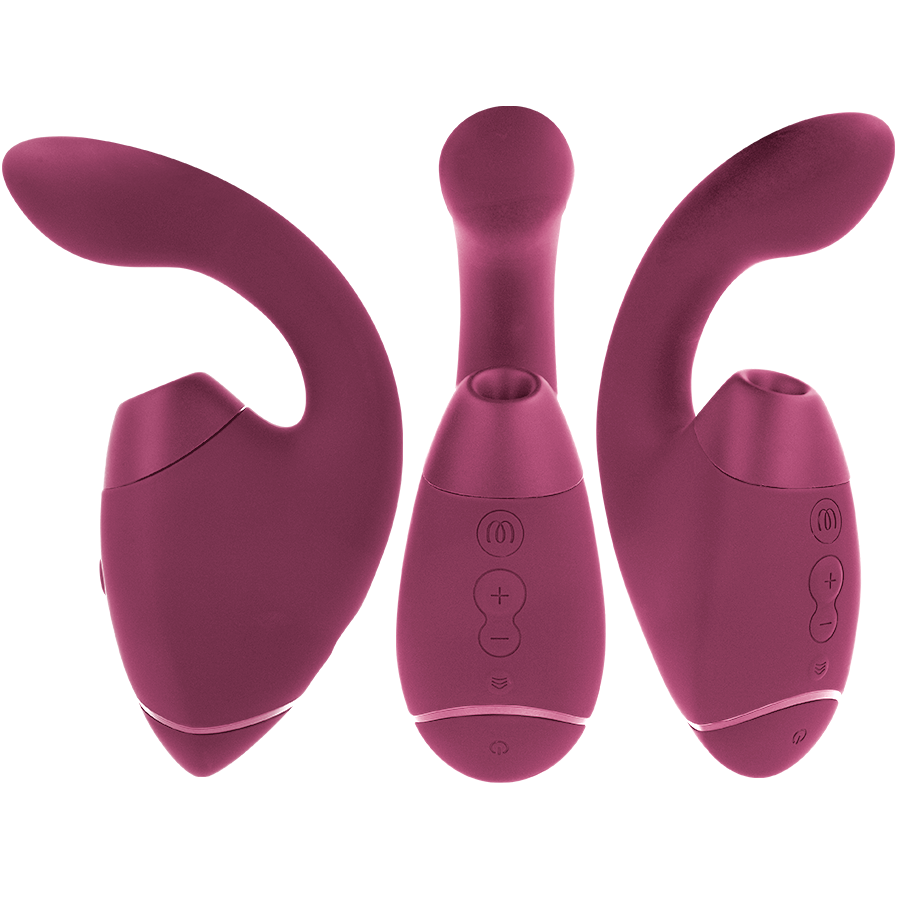 Trois stimulateurs doubles Womanizer bordeaux posés à plat : embout de succion, boutons centraux et branche vibrante interne en silicone mat, vue d'ensemble produit.