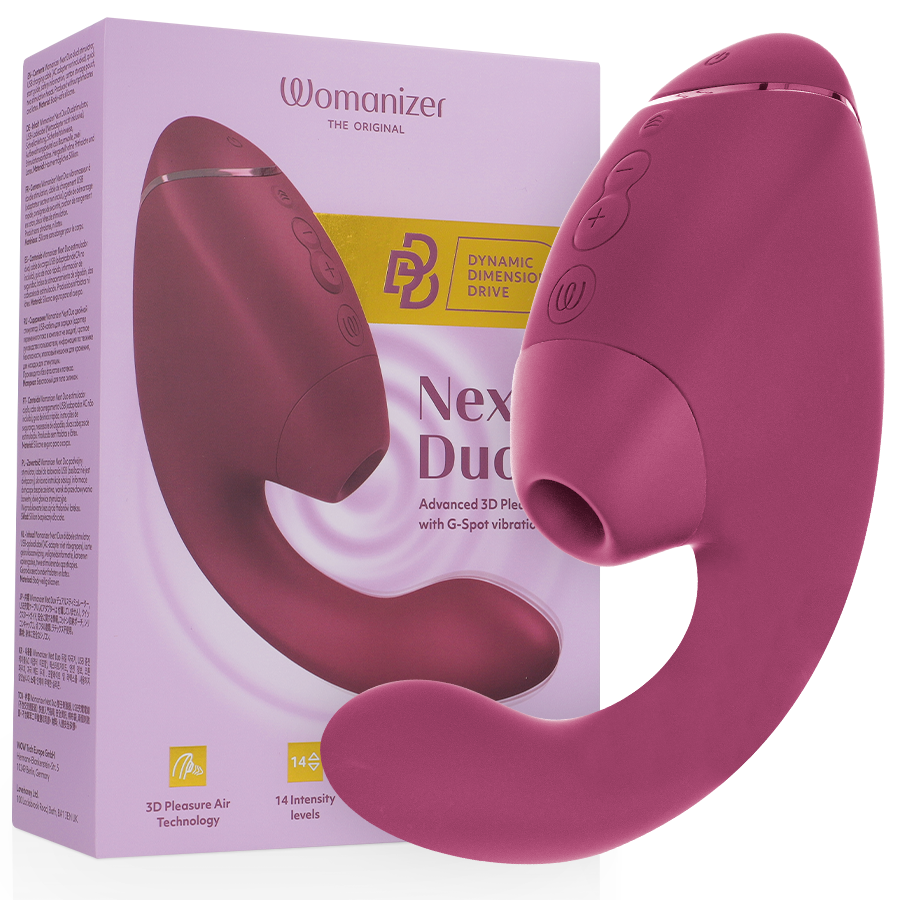 Boîte lilas Womanizer 'Next Duo' à gauche et stimulateur double bordeaux à droite : embout de succion clitoridien et tige courbe vibrante en silicone, sans anatomie.