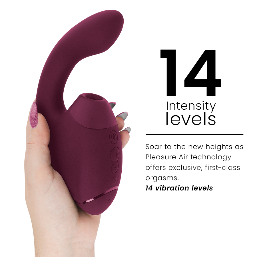Main tenant le stimulateur double bordeaux Womanizer de profil près du visuel '14 intensity levels' : embout d'aspiration et tige courbée vibrante en silicone.
