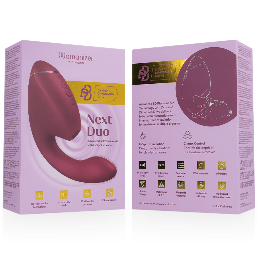 Boîte lilas Womanizer 'Next Duo' ouverte, panneau intérieur avec schéma stylisé d'insertion et pictogrammes de fonctions, sans illustration anatomique explicite.