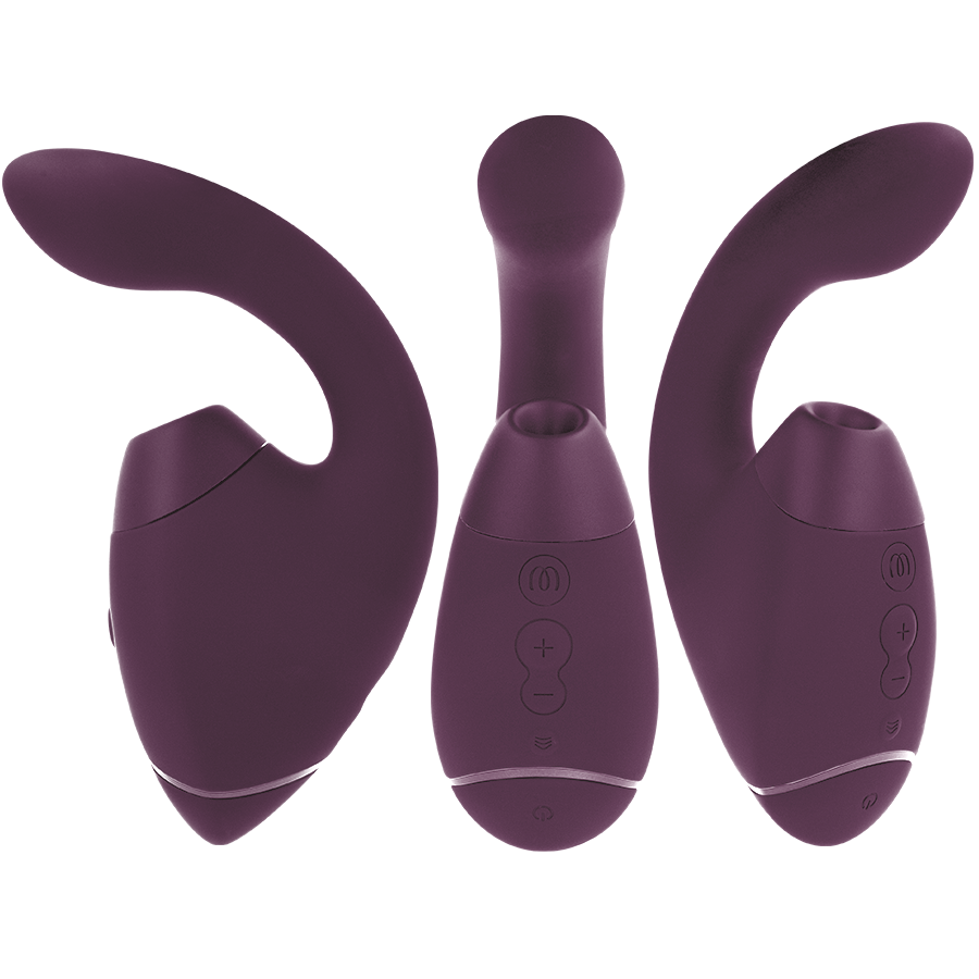 Trois stimulateurs doubles Womanizer prune alignés à plat : vue de l'embout d'aspiration, du panneau de boutons et de la branche vibrante point G en silicone mat.