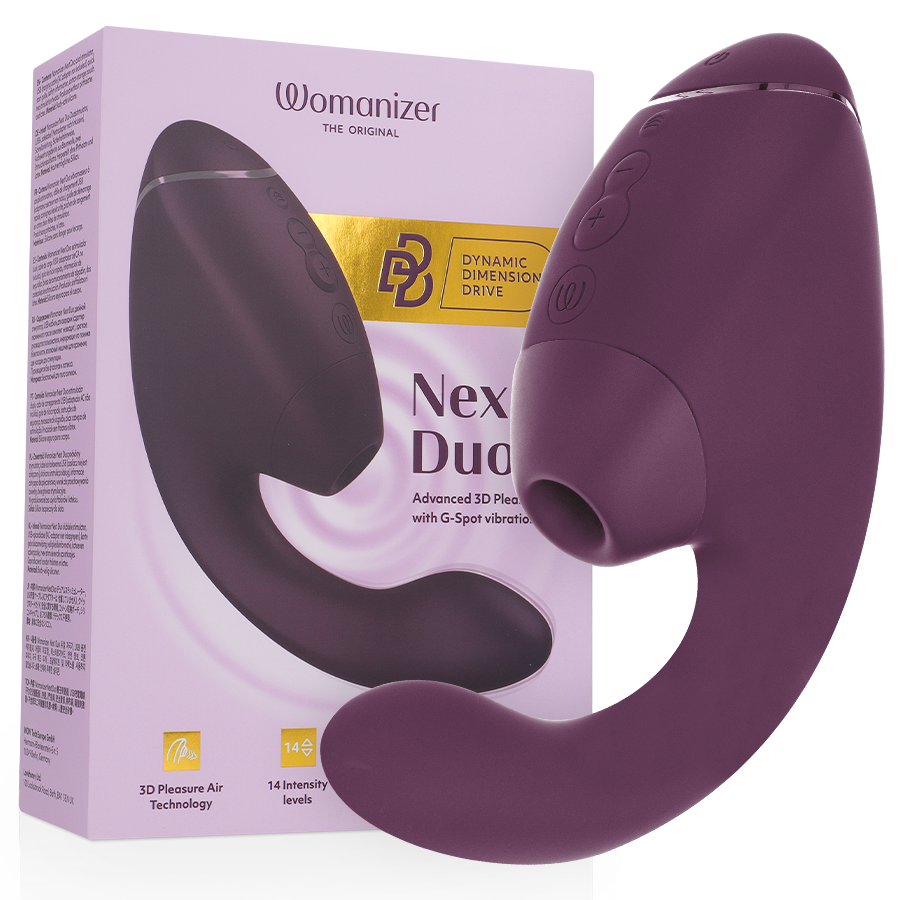 Boîte lilas Womanizer 'Next Duo' avec le stimulateur double prune posé devant : embout d'aspiration clitoridien et longue tige interne courbée en silicone lisse.