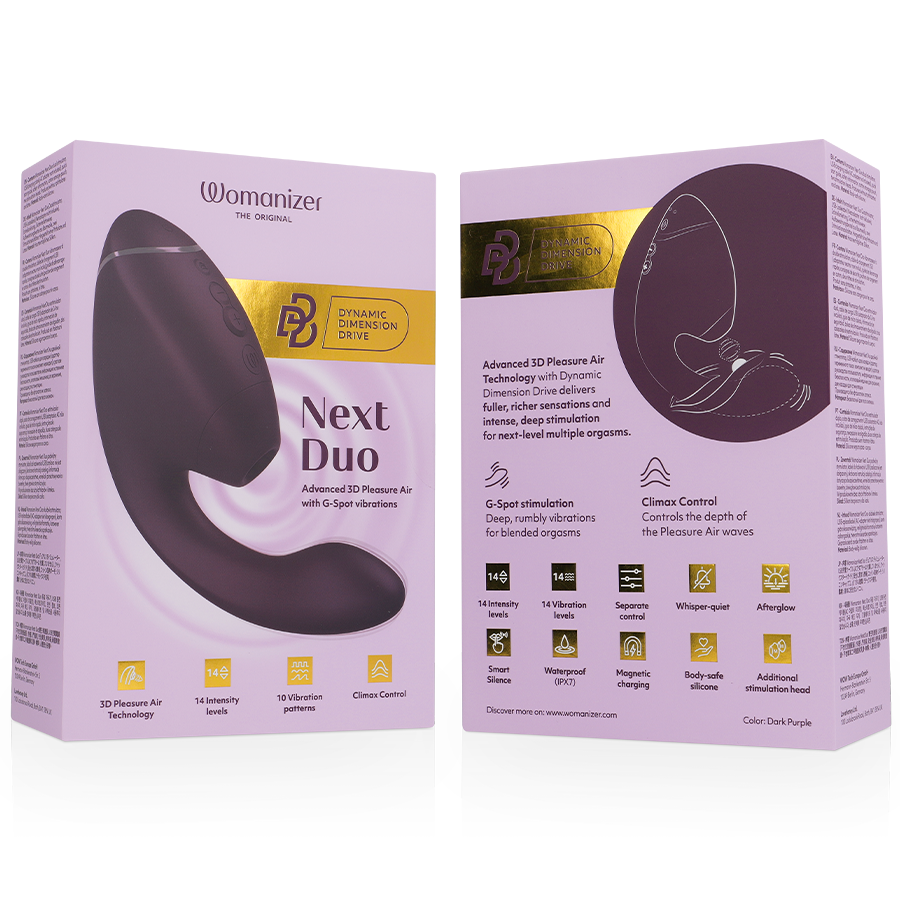 Boîte lilas Womanizer 'Next Duo' à droite et stimulateur double prune à gauche : embout de succion clitoridien et tige interne vibrante courbée en silicone.