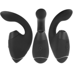 Trois stimulateurs doubles Womanizer noirs posés à plat : embout de succion clitoridien, boutons centraux et branche vibrante point G en silicone lisse, vue d'ensemble.