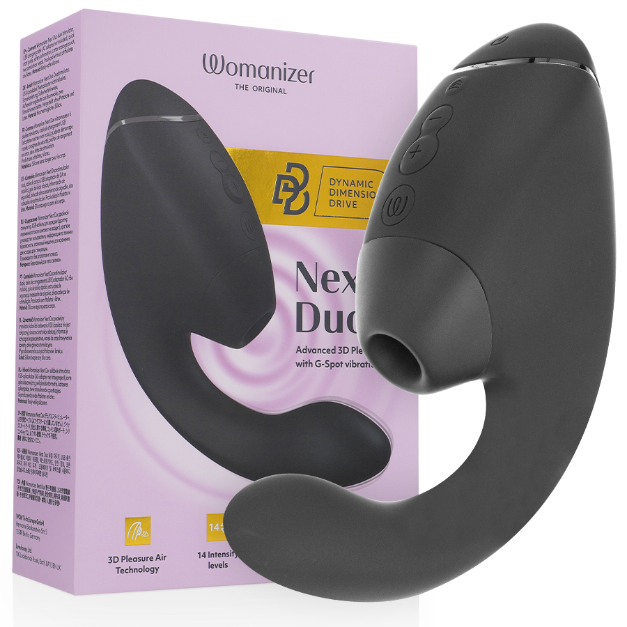 Boîte lilas Womanizer 'Next Duo' à gauche et stimulateur double noir à droite : embout de succion clitoridien et tige courbe interne en silicone mat, sans anatomie.