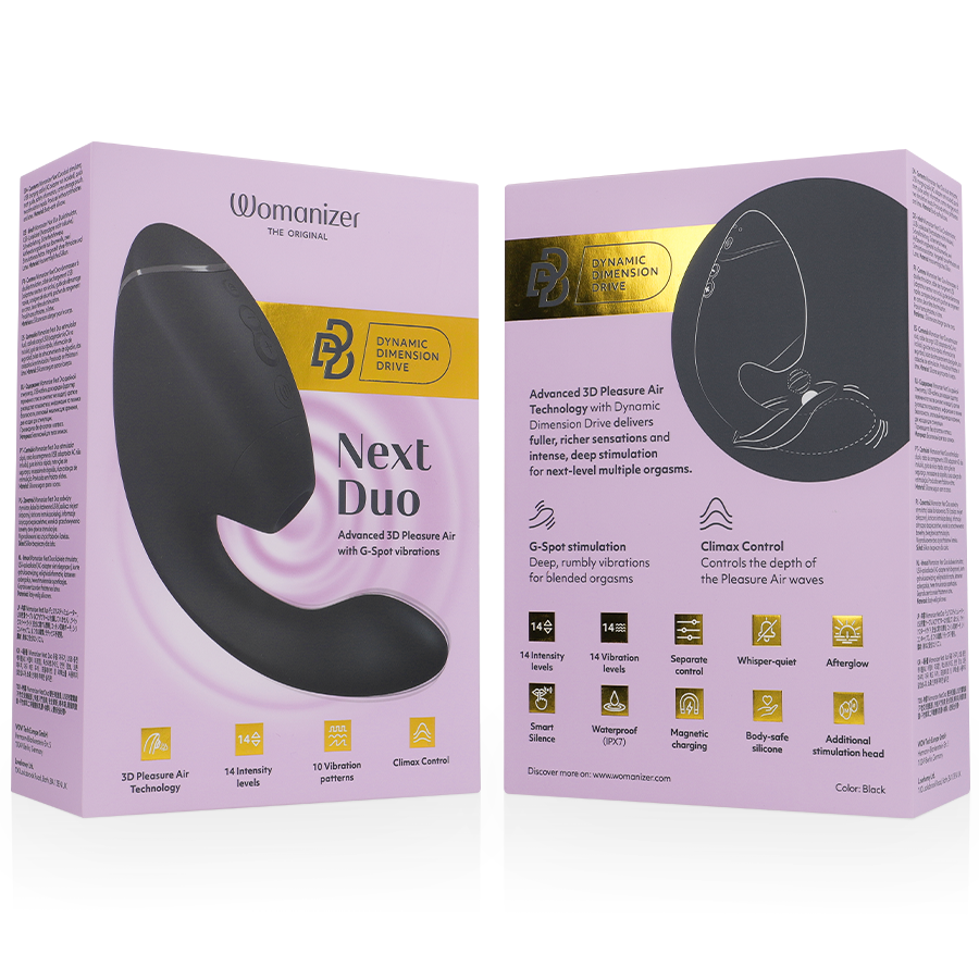 Boîte lilas Womanizer 'Next Duo' ouverte montrant le stimulateur noir et un schéma d'usage stylisé sur le panneau intérieur, pictogrammes de fonctions, sans anatomie.