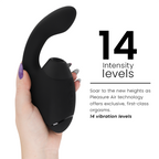 Stimulateur double noir Womanizer tenu de profil à côté du visuel '14 intensity levels' : embout d'aspiration et tige courbée vibrante en silicone, aucune anatomie.