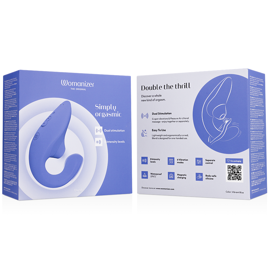 Deux boîtes Womanizer bleu lavande 'Simply orgasmic' ouvertes, panneau intérieur 'Double the thrill' avec schéma d'usage stylisé et QR code, aucune image anatomique.