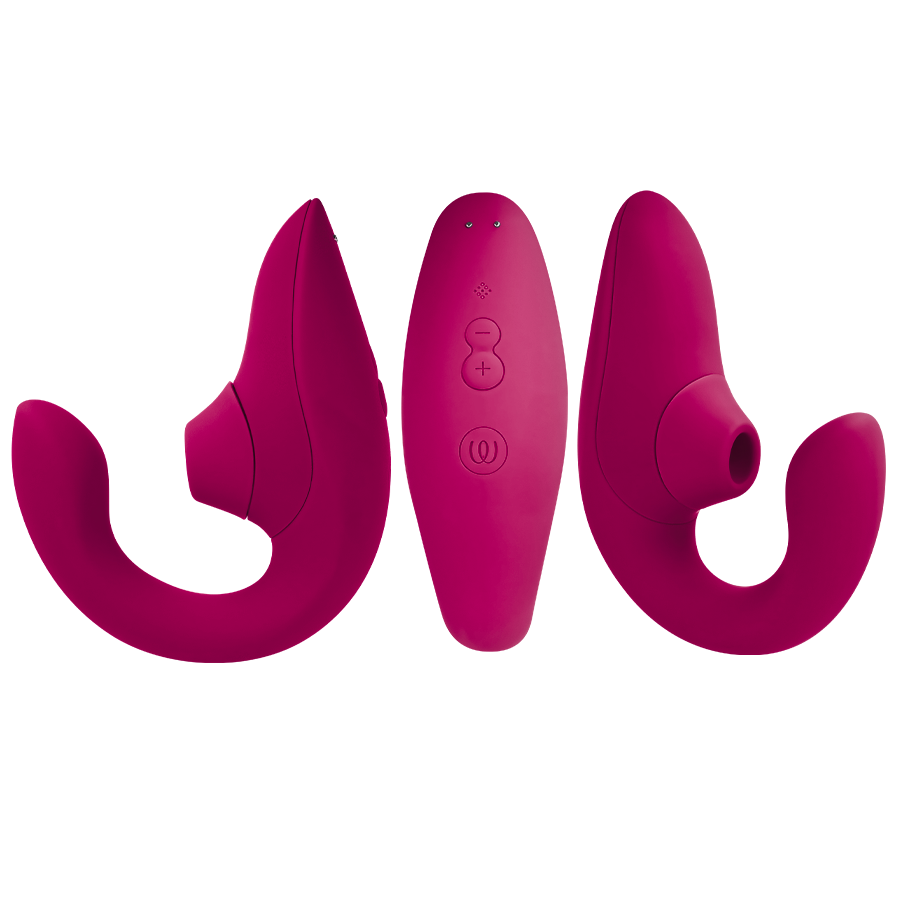 Trois vibromasseurs lapin Womanizer rose framboise alignés à plat : embout d'aspiration clitoridien et tige courbe interne lisse en silicone, boutons centraux visibles.