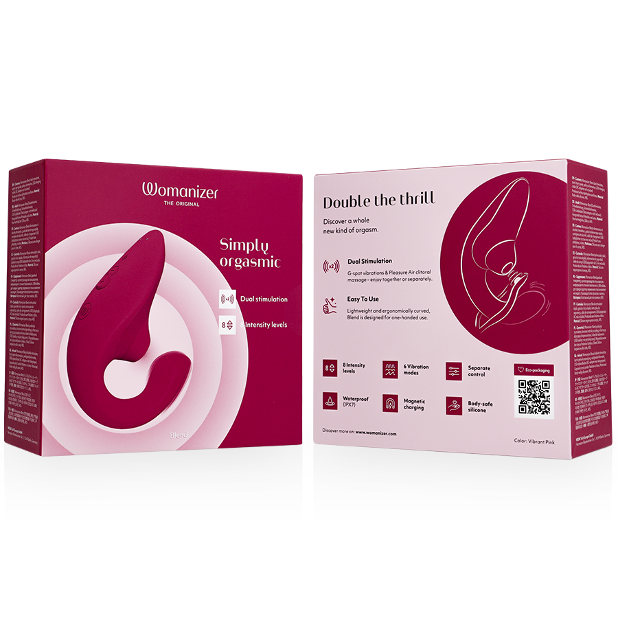 Deux boîtes Womanizer rose 'Simply orgasmic' et 'Double the thrill' côte à côte, schéma stylisé du double usage clitoris et point G, sans illustration explicite.