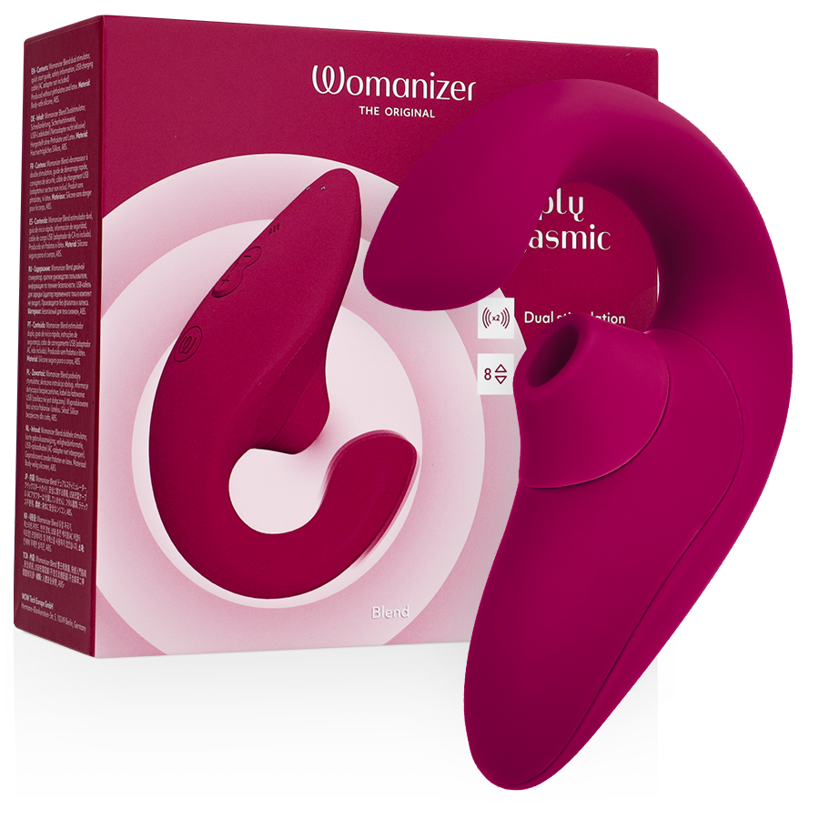 Stimulateur lapin Womanizer framboise et son emballage magenta : double stimulation par ondes d'air sur le clitoris et tige vibrante interne pour le point G, silicone.