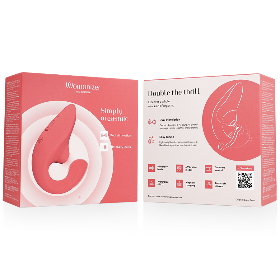 Boîte corail du vibromasseur lapin Womanizer vue de l'avant et du dos avec mention Double the thrill et schéma des sensations de double stimulation, sans anatomie réaliste.