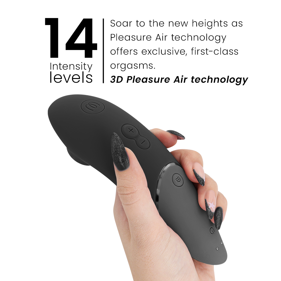 Main présentant le Womanizer Next noir près du repère 14 Intensity levels, soulignant les quatorze intensités de la technologie 3D Pleasure Air clitoridienne.