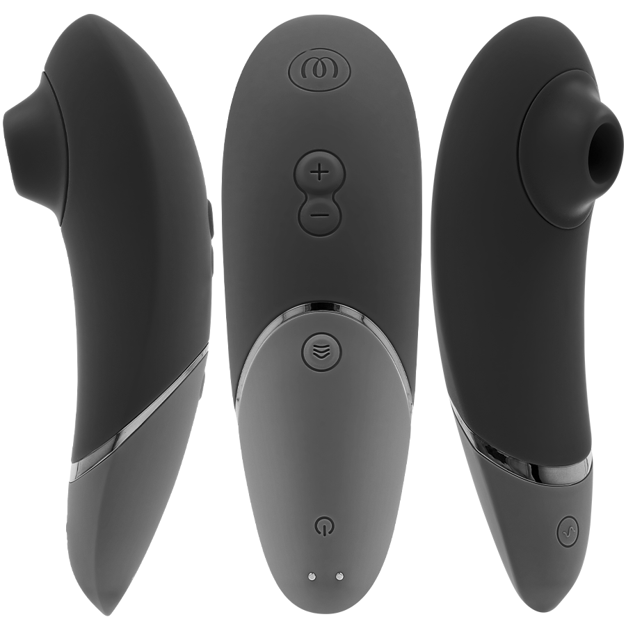 Womanizer Next noir présenté sous trois angles, embout d'aspiration de face, panneau de commandes au centre et profil galbé, stimulateur clitoridien sans contact.