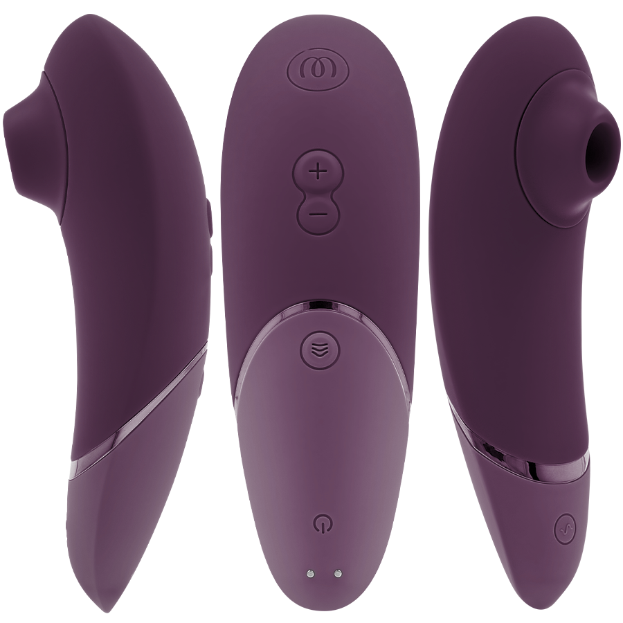 Womanizer Next aubergine présenté sous trois angles, embout d'aspiration de face, panneau de commandes au centre et profil galbé, stimulateur clitoridien sans contact.