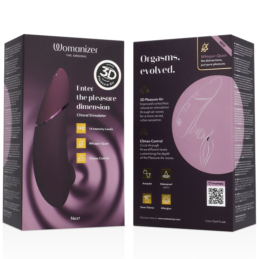 Boîte prune du Womanizer Next vue de l'avant et du dos avec mentions Enter the pleasure dimension et Orgasms evolved, badge 3D et schéma des sensations sans anatomie.
