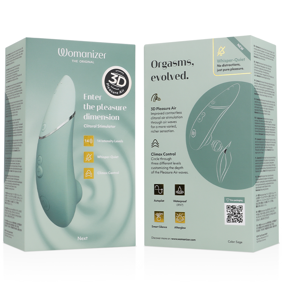 Boîte verte du Womanizer Next vue de l'avant et du dos avec mentions Enter the pleasure dimension et Orgasms evolved, badge 3D et schéma des sensations sans anatomie.
