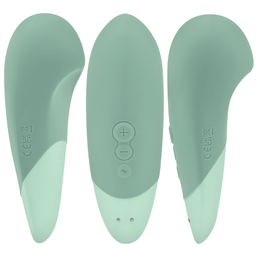 Vibromasseur clitoridien à poser UltraWave Vibe vert sauge présenté sous trois angles, forme ergonomique galbée bicolore conçue pour une stimulation douce.