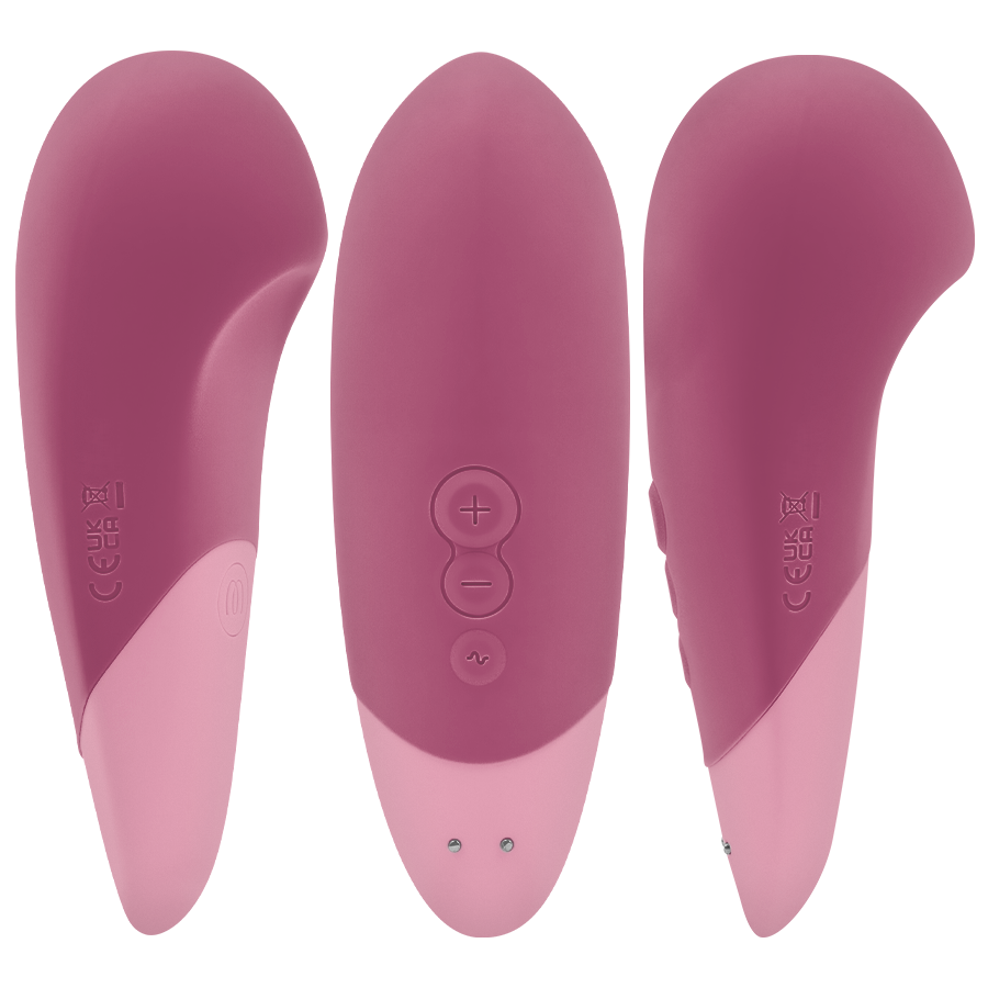 Vibromasseur clitoridien à poser UltraWave Vibe rose framboise présenté sous trois angles, forme ergonomique galbée bicolore avec boutons de commande au centre.