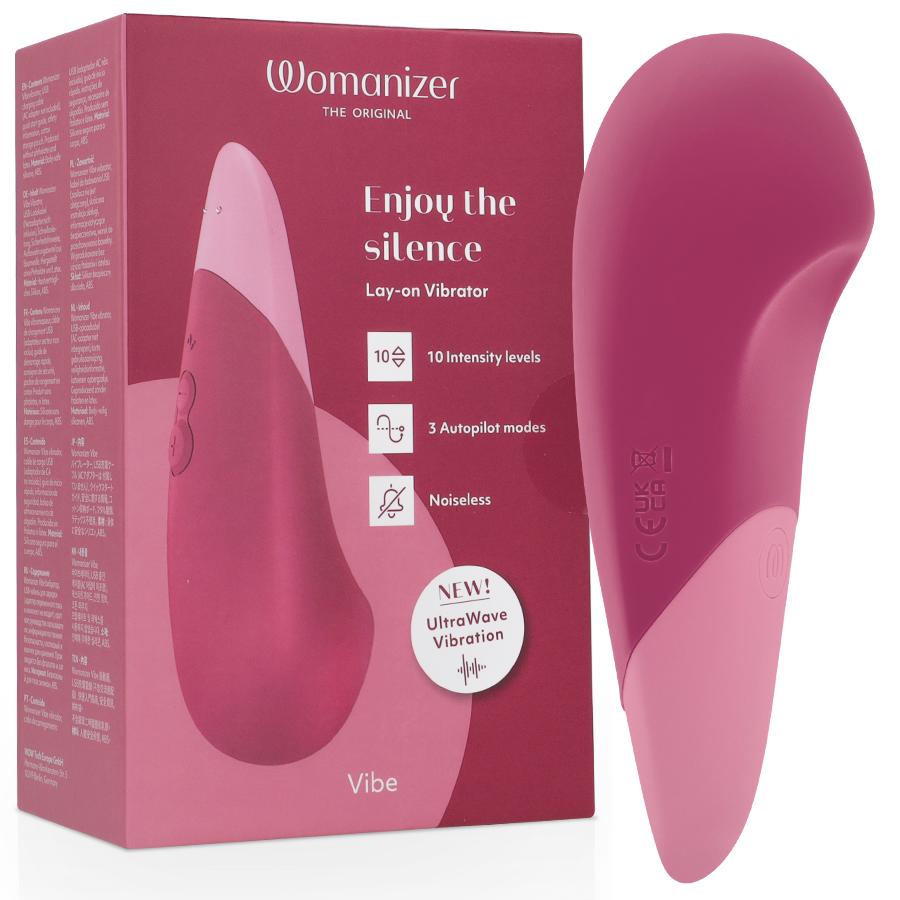 Boîte rose du vibromasseur à poser UltraWave Vibe à côté du stimulateur rose framboise galbé, mention Enjoy the silence, vibration UltraWave profonde et discrète.