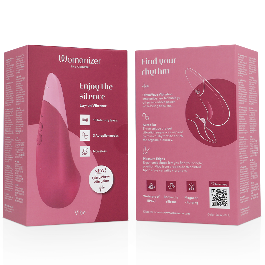 Boîte rose du vibromasseur UltraWave Vibe vue de l'avant et du dos avec mentions Enjoy the silence et Find your rhythm, schéma des sensations sans anatomie.
