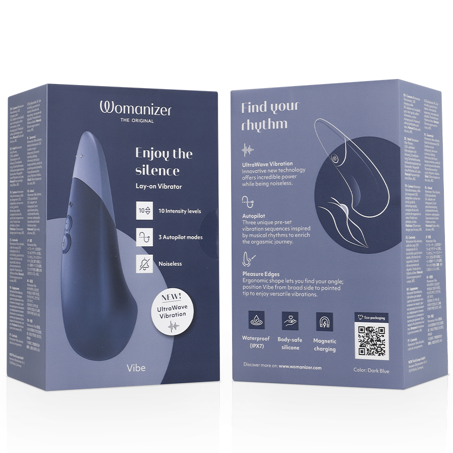 Boîte bleue du vibromasseur UltraWave Vibe vue de l'avant et du dos avec mentions Enjoy the silence et Find your rhythm, schéma des sensations sans anatomie.