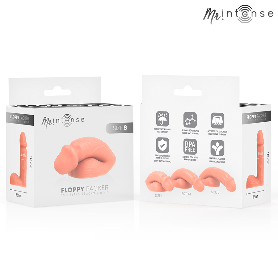 Emballage Mr Intense Floppy Packer taille S, recto et verso avec comparatif des tailles S/M/L
