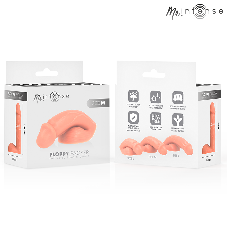 Emballage Mr Intense Floppy Packer taille M, recto et verso avec comparatif des tailles S/M/L