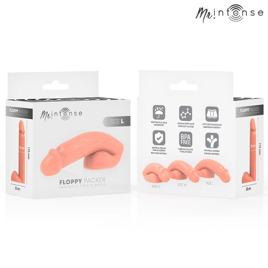Emballage Mr Intense Floppy Packer taille L, recto et verso avec comparatif des tailles S/M/L