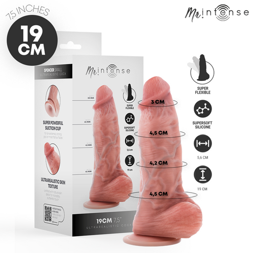 Boite Mr Intense d'un gode realiste 19 cm avec photo produit, cotes des diametres etagees et pictos materiau silicone supersoft et ventouse puissante.