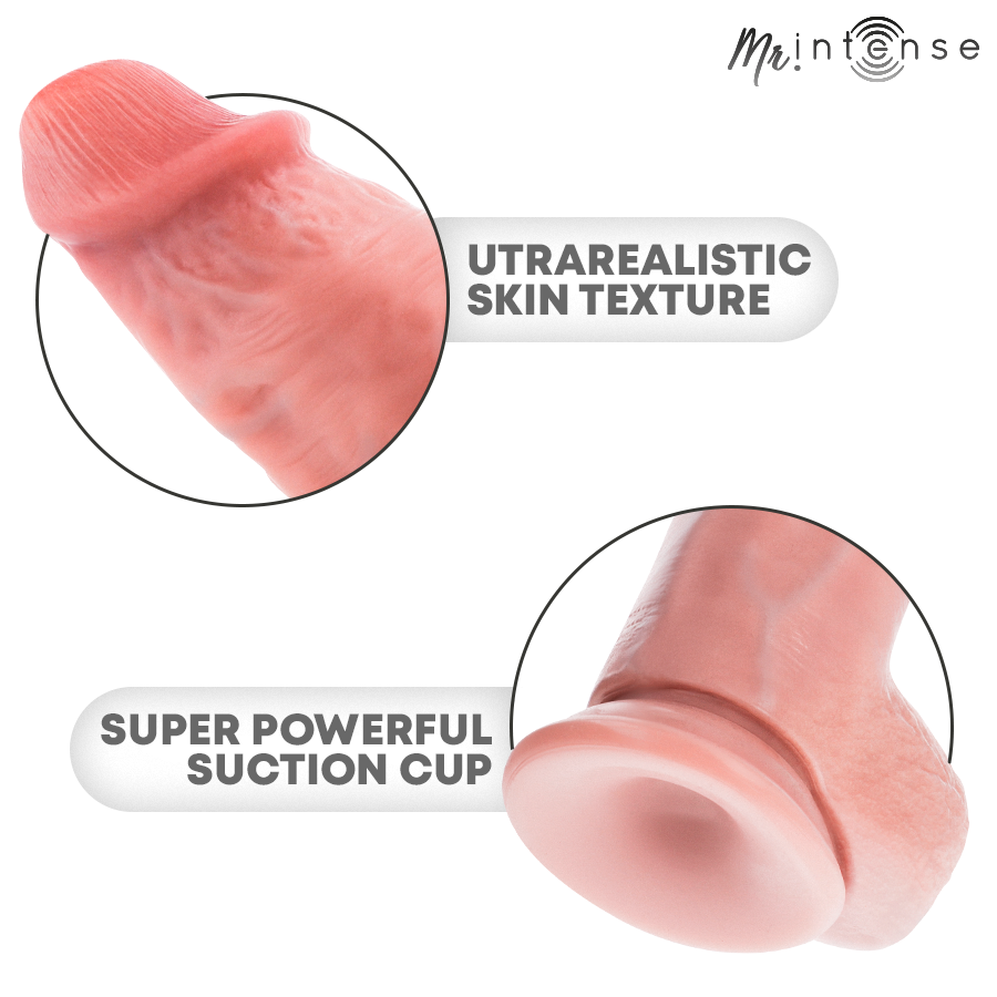 Detail du gland ultra-realiste et de la puissante ventouse d'un gode Intense en silicone chair, mentions skin texture et suction cup.