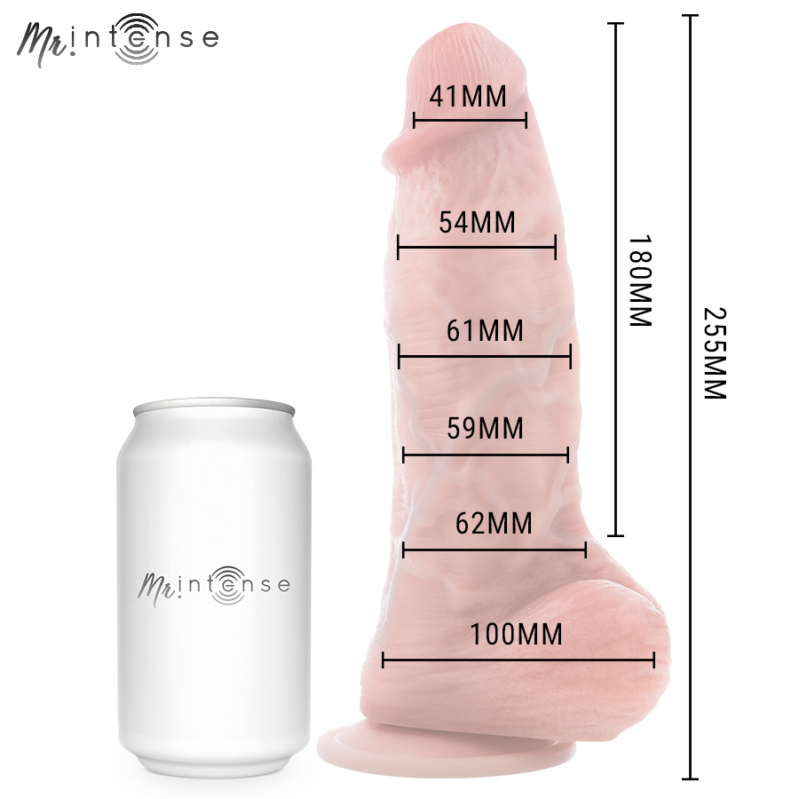 Gode realiste Intense pres d'une canette pour l'echelle, cotes de 41 a 100 mm sur 255 mm, gland et testicules realistes en silicone supersoft.
