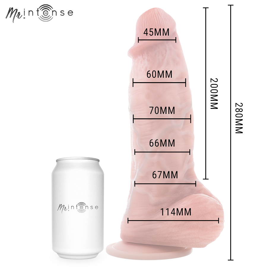 Gode realiste Intense pres d'une canette pour l'echelle, cotes de 45 a 114 mm sur 280 mm, gland et testicules realistes en silicone supersoft.