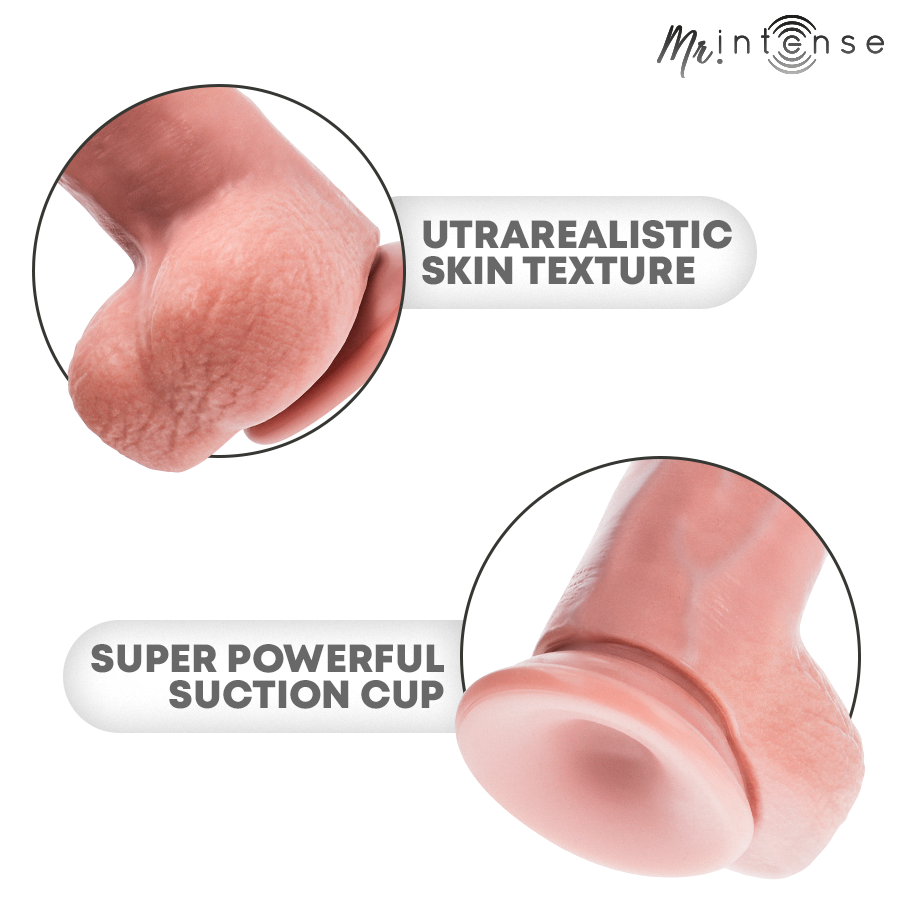 Detail du gland ultra-realiste et de la ventouse puissante d'un gode Intense en silicone chair, mentions ultrarealistic skin texture et suction cup.