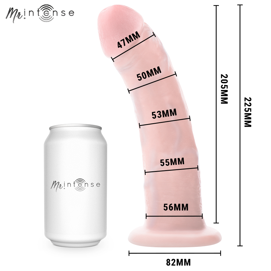 Gode realiste Intense pres d'une canette pour l'echelle, schema des diametres de 47 a 56 mm sur 205 et 225 mm, gland marque, relief veineux et base ventouse