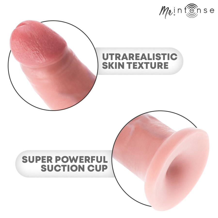 Gros plans du gode realiste Intense detaillant la texture peau ultra-realiste du gland et la base ventouse puissante pour un usage mains libres
