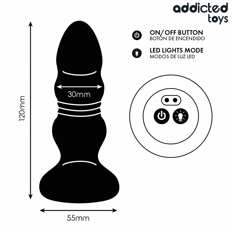 Schema de profil du plug anal a billes Addicted, silhouette perlee avec cotes 120 mm de haut, 30 mm et 55 mm, bouton marche arret et modes de lumiere LED.