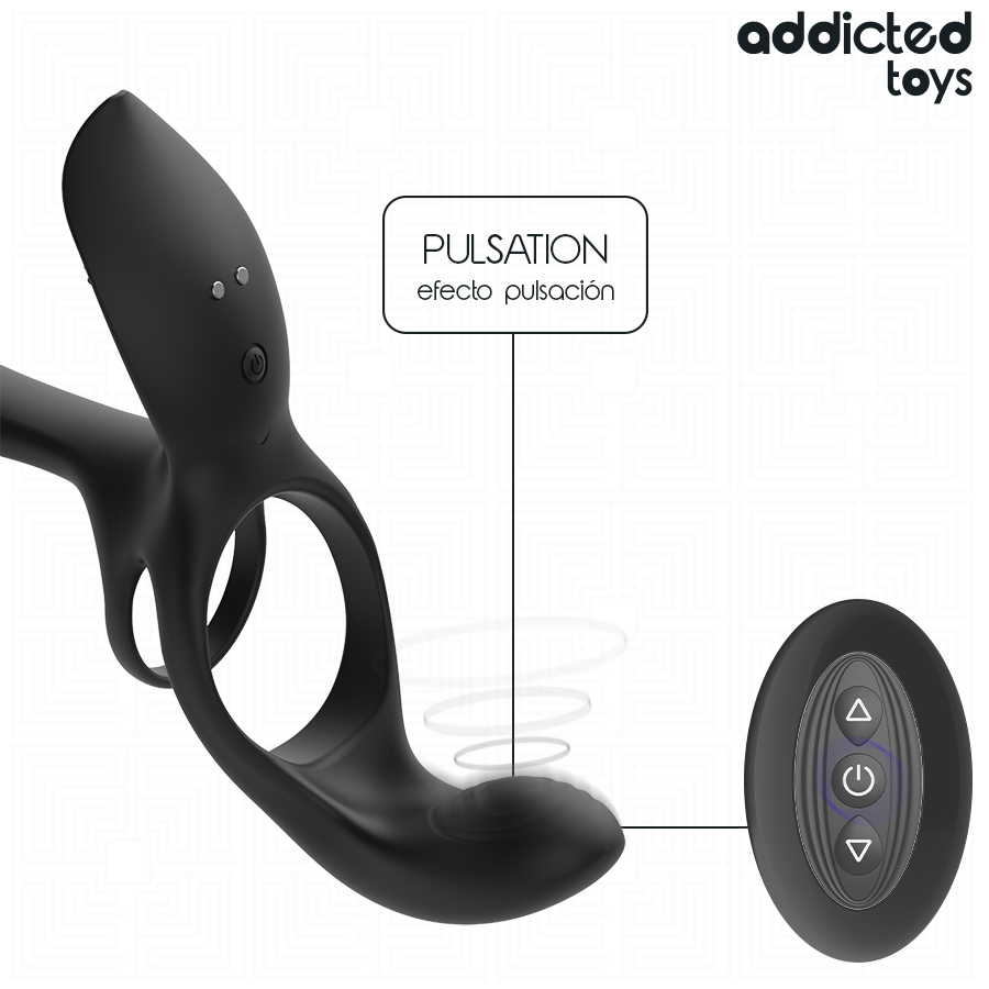 Anneau vibrant double Addicted en silicone avec telecommande, mention effet pulsation et stimulateur clitoridien brosse, double boucle pour penis et testicules.