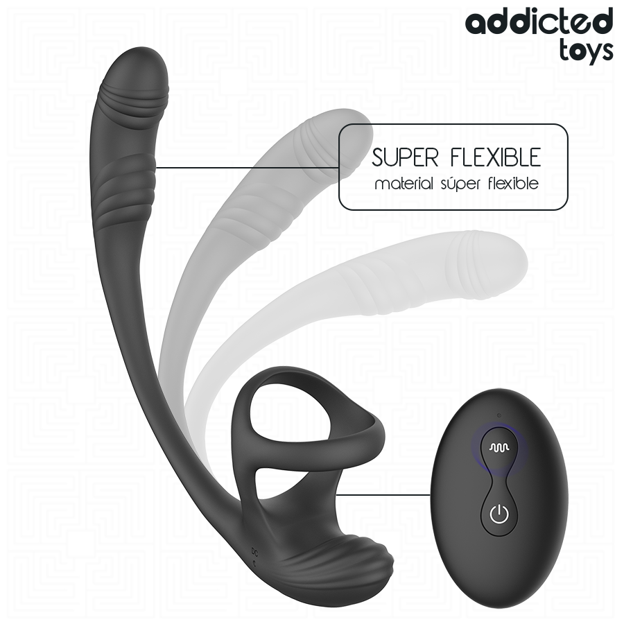 Masseur prostatique oscillant Addicted en silicone noir avec telecommande, mention materiau super flexible illustree par la torsion de l'embout courbe pour le point P.