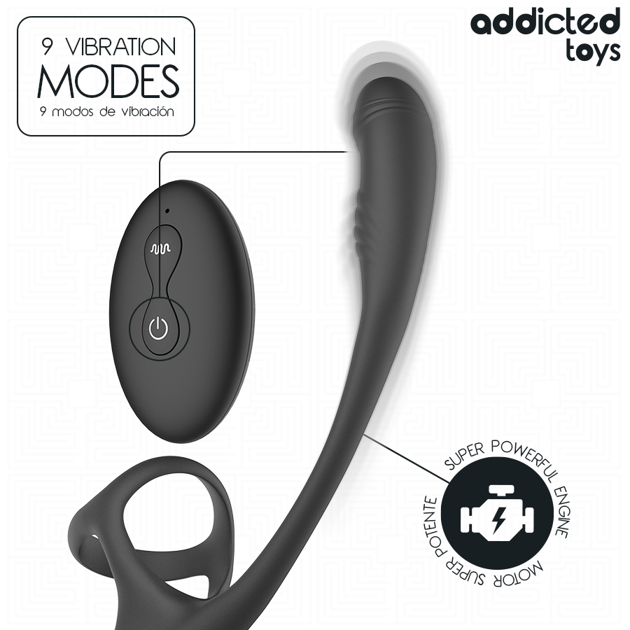 Masseur prostatique oscillant Addicted en silicone noir avec telecommande, mention neuf modes de vibration et moteur puissant, anneau penien et embout courbe pour le point P.