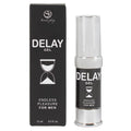 Gel retardant Delay Gel for Men de Secret Play, flacon airless argente et boite noire au sablier, gel aux extraits de plantes pour prolonger, vue produit et packaging.
