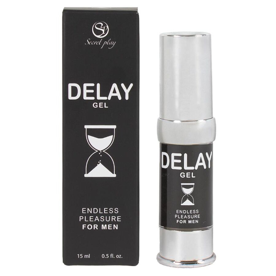 Gel retardant Delay Gel for Men de Secret Play, flacon airless argente et boite noire au sablier, gel aux extraits de plantes pour prolonger, vue produit et packaging.