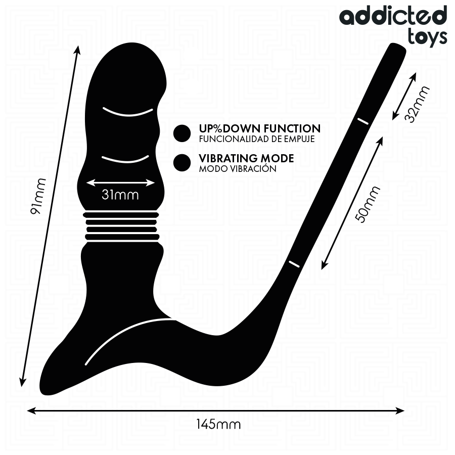 Schema de profil du masseur prostatique Addicted, double anneau et embout perle, fonction up and down et mode vibrant, cotes 91 mm, 31 mm et 145 mm pour le point P.