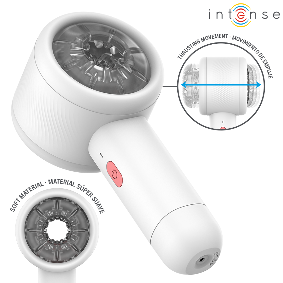 Masturbateur wand Griffin blanc avec zoom sur le manchon en materiau super doux et fleches de mouvement, appareil motorise ergonomique a va-et-vient pour le penis.
