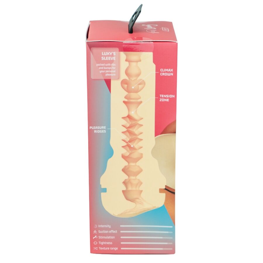 Boite rose Luxy Sleeve montrant la gaine TPE texturee et son orifice vulve realiste, manchon a chambres de succion et zone de tension de la collection Kiiroo.