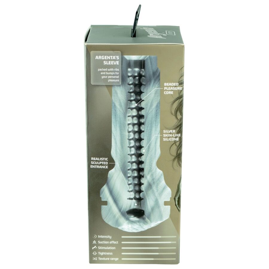 Panneau de l'emballage detaillant le manchon Argenta : noyau perle, silicone effet peau argentee, entree sculptee realiste